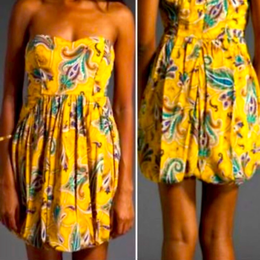 Tibi strapless bubble dress in yellow paisley print